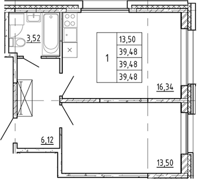 1-комнатная квартира 39.48 м², 1/12 эт., ЖК «Полис Новоселье»
